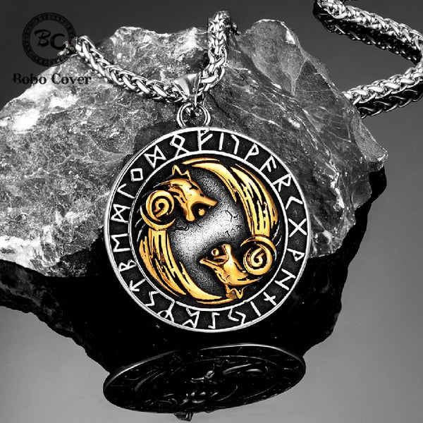 Never Fade Norse Wolf Necklace Men Stainless Steel Gold Color Vikings Rune Vegvisir Amulet Pendant Scandinavian Jewelry Gift New
