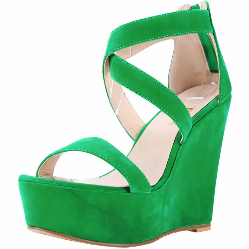 Fashion Platform Female Wedge Sandals 2025 Open Toe Back Zipper High Heels Shoes Hollow Flock Red Yellow Women Party Dress Pumps