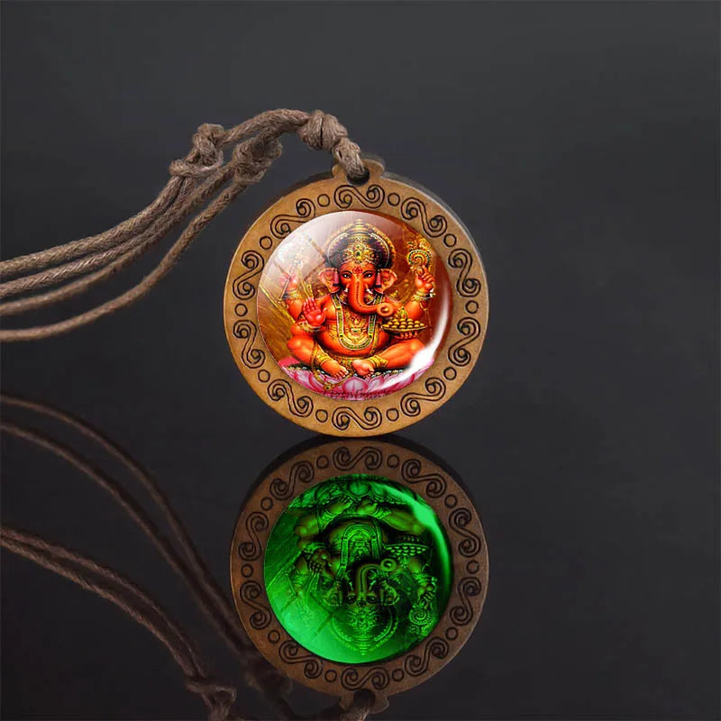 Glow In The Dark Buddha Necklace Indian Jewelry Hinduism God Brahma Vishnu Shiva Art Picture Wooden Pendant Necklace