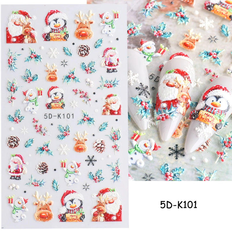 5D Nail Sticker Christmas Nail Art Snow Bird Gingerbread Man Design Santa Cartoon Sliders Winter White Decals Wrap FB5DK098-103