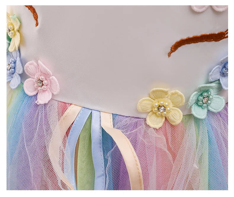 New 3pcs Baby Girls Dress Pastel Rainbow Princess For Summer Birthday Party Dress Unicorn Cosplay Perform Children Costume