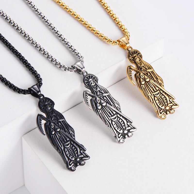 Hip Hop Vintage Golden Holy Saint Death Santa Muerte Skull Biker Pendant Necklace Stainless Steel Men Women Religious Jewelry