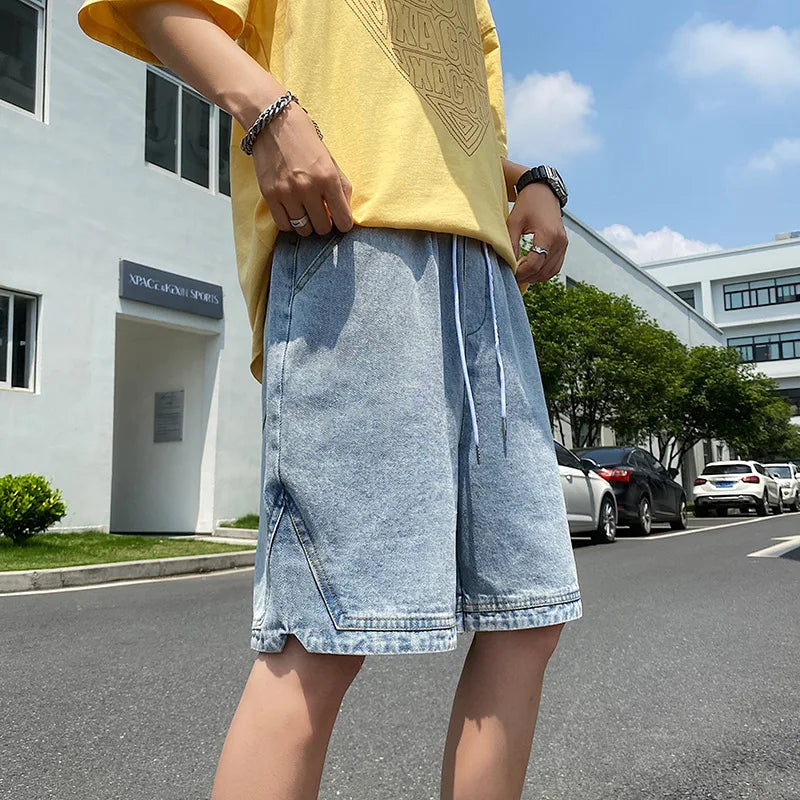 Retro Blue Denim Casual Shorts Men Summer Loose Harajuku Hip Hop Ins Fashion Baggy All-match Basic Designer Multi Pockets Teens