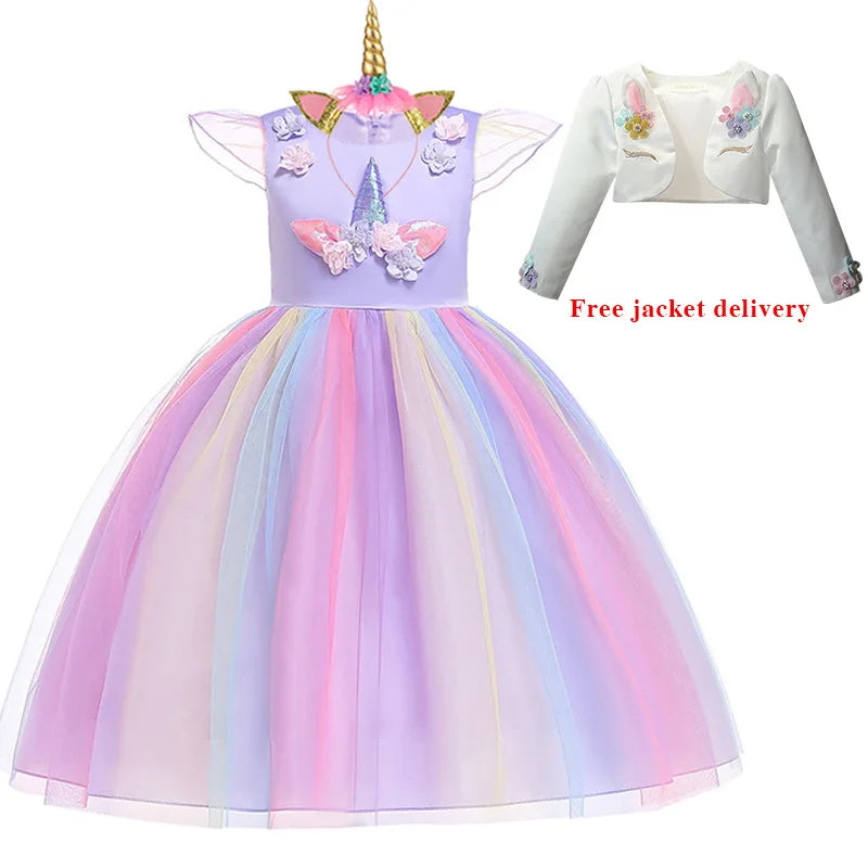 New 3pcs Baby Girls Dress Pastel Rainbow Princess For Summer Birthday Party Dress Unicorn Cosplay Perform Children Costume