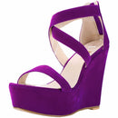 Fashion Platform Female Wedge Sandals 2025 Open Toe Back Zipper High Heels Shoes Hollow Flock Red Yellow Women Party Dress Pumps