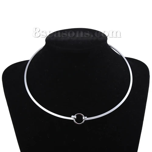 304 Stainless Steel Collar Neck Ring Necklace Silver Color Round , 1 Piece