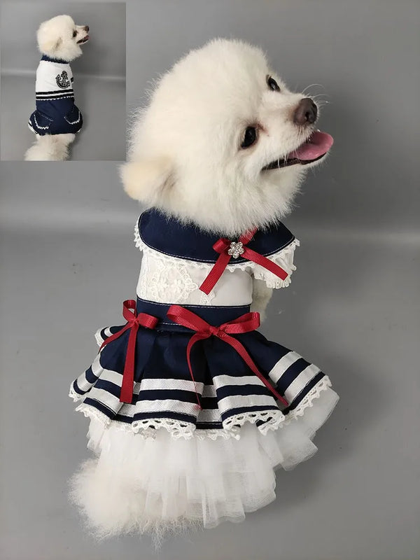 Unique Handmade Dog Clothes Pet Supplies Student Couples Dress Girls School Uniforms Pleated Skirt Boys Navy Sailor Jumpsuit Cat