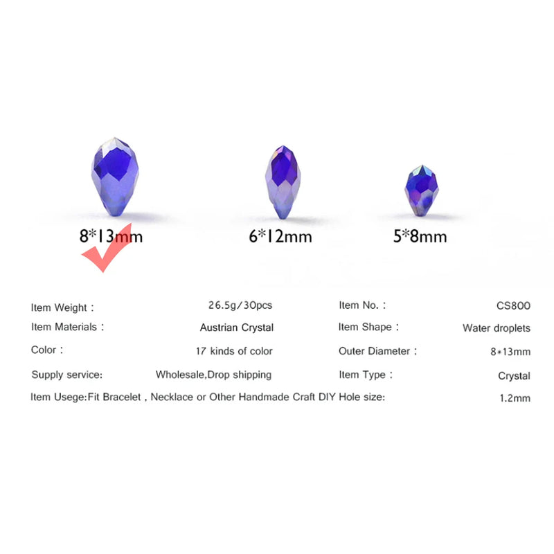 YHBZRET Waterdrop Pendant Austrian crystal beads 8*13mm 30pcs Teardrop glass loose bead for jewelry making bracelet Earrings DIY