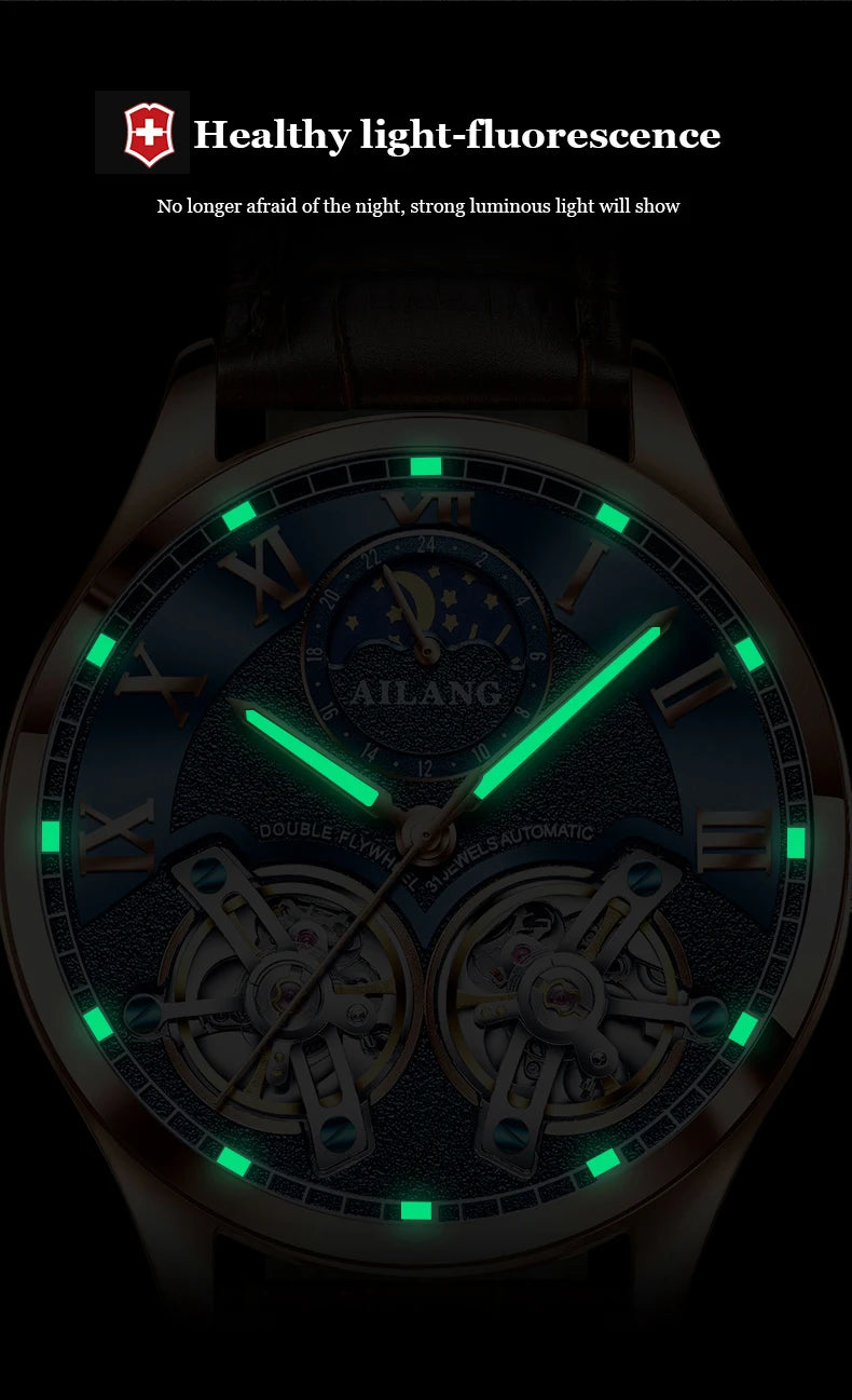AILANG Original Design men's Double Flywheel Automatic Mechanical Watch Fashion Leisure Business Luxury Clock