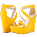 Fashion Platform Female Wedge Sandals 2025 Open Toe Back Zipper High Heels Shoes Hollow Flock Red Yellow Women Party Dress Pumps