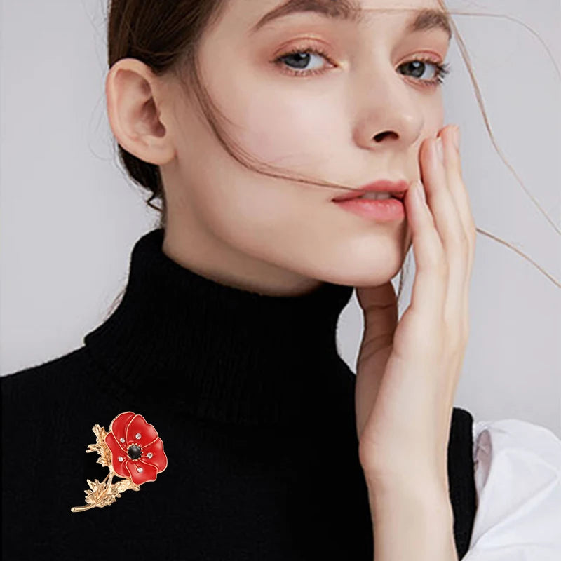 Red Poppy Flower Women Brooch Beautiful Enamel Pin Lady Dress Sweater Cloth Lapel Pins Metal Badge Wedding Fashion Jewelry Gifts