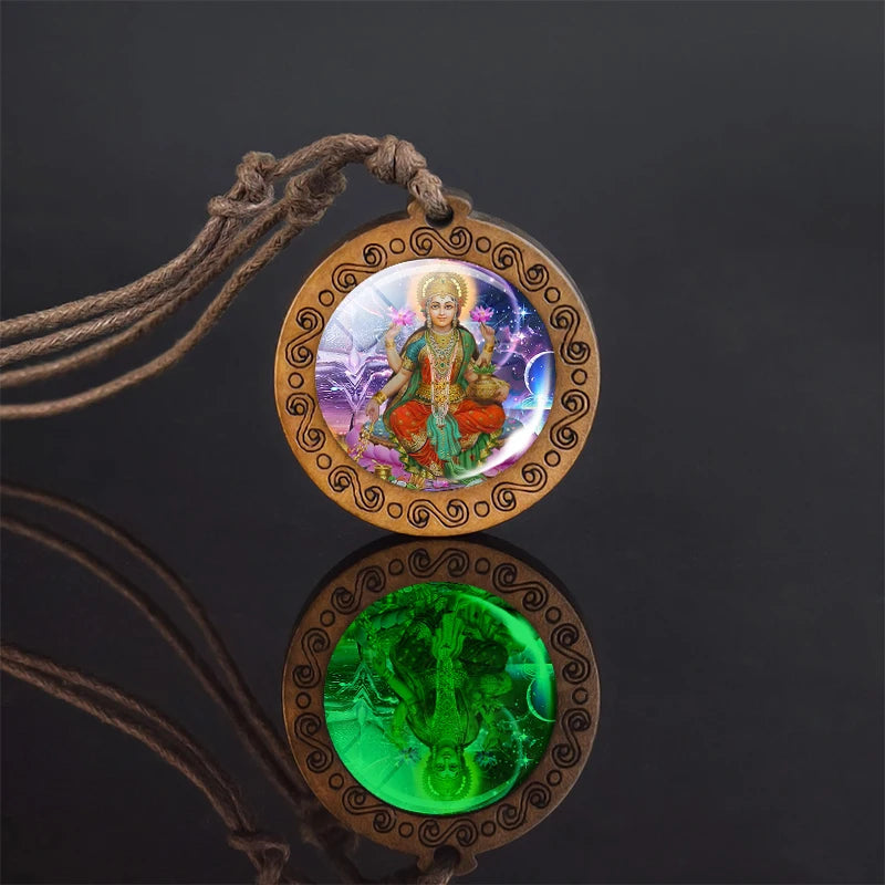 Glow In The Dark Buddha Necklace Indian Jewelry Hinduism God Brahma Vishnu Shiva Art Picture Wooden Pendant Necklace
