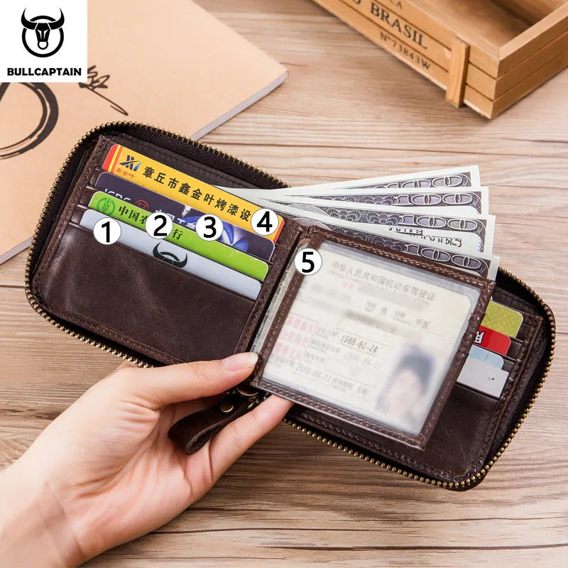 BULLCAPTAIN RFID Leather Men's Wallet Brand Wallet Retro Men's Short Coin Purse Zipper Wallet Card Holder Wallet