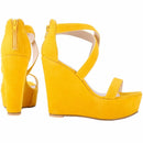 Fashion Platform Female Wedge Sandals 2025 Open Toe Back Zipper High Heels Shoes Hollow Flock Red Yellow Women Party Dress Pumps