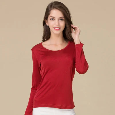 SuyaDream Women T shirt Natural Silk Long sleeves O neck Basic shirt 2021 FALL new white black Bottoming Top