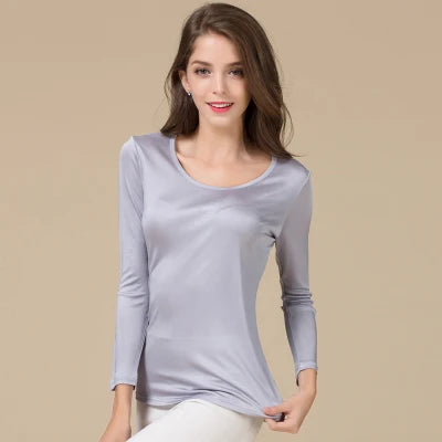 SuyaDream Women T shirt Natural Silk Long sleeves O neck Basic shirt 2021 FALL new white black Bottoming Top