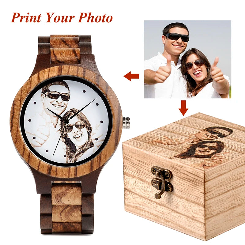 Custom LOGO Printing Your Own Photo Men Watch Unique Bamboo Wood Wristwatch Anniversary Christmas Gift For Lovers and Families