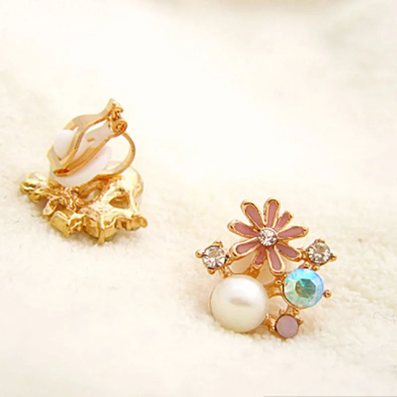 JIOFREE Flower style women's pearl earrings clips plated gold clip on earrings crystal ear clip without pierced high quality