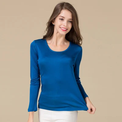 SuyaDream Women T shirt Natural Silk Long sleeves O neck Basic shirt 2021 FALL new white black Bottoming Top