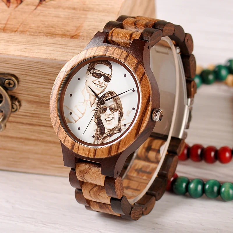 Custom LOGO Printing Your Own Photo Men Watch Unique Bamboo Wood Wristwatch Anniversary Christmas Gift For Lovers and Families
