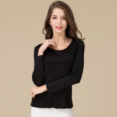 SuyaDream Women T shirt Natural Silk Long sleeves O neck Basic shirt 2021 FALL new white black Bottoming Top