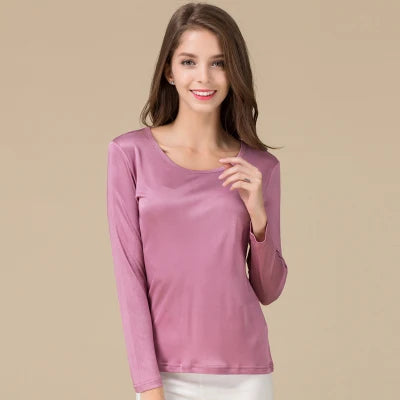 SuyaDream Women T shirt Natural Silk Long sleeves O neck Basic shirt 2021 FALL new white black Bottoming Top