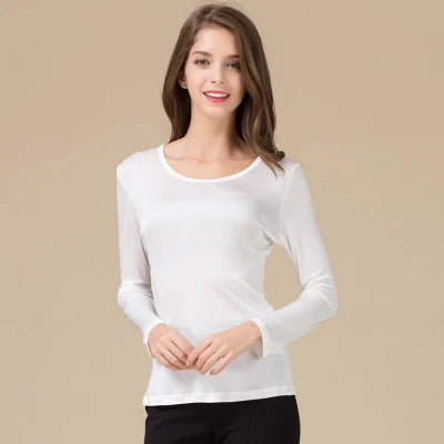 SuyaDream Women T shirt Natural Silk Long sleeves O neck Basic shirt 2021 FALL new white black Bottoming Top