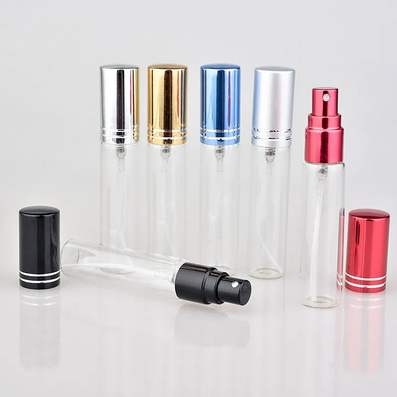 20pcs/lot 5ML 10ML 15ML Transparent Thin Glass Spray Bottle Sample Glass Vials Portable Mini Perfume Atomizer Gold Sil