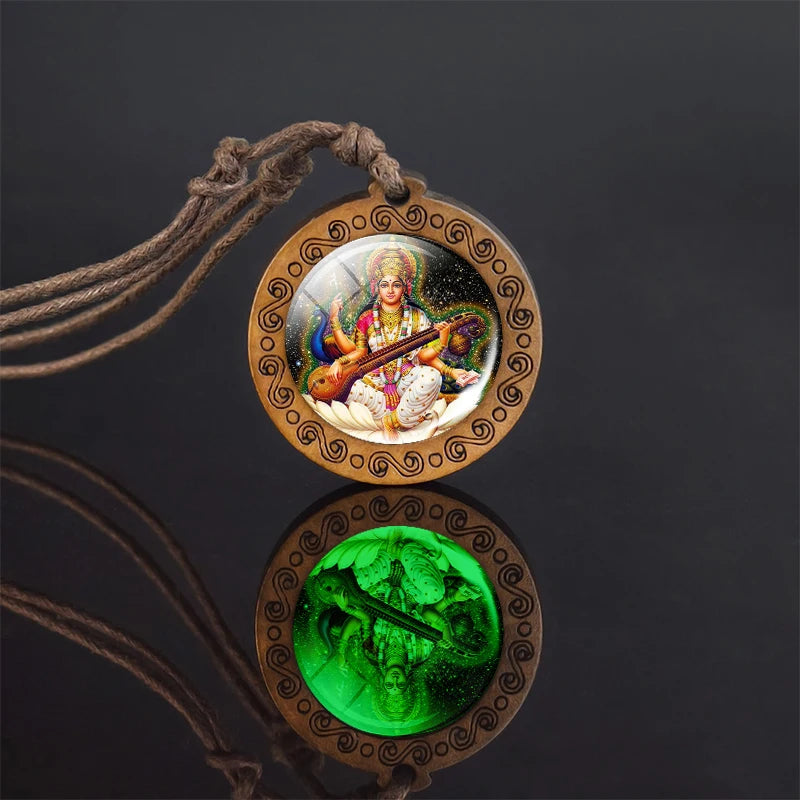 Glow In The Dark Buddha Necklace Indian Jewelry Hinduism God Brahma Vishnu Shiva Art Picture Wooden Pendant Necklace