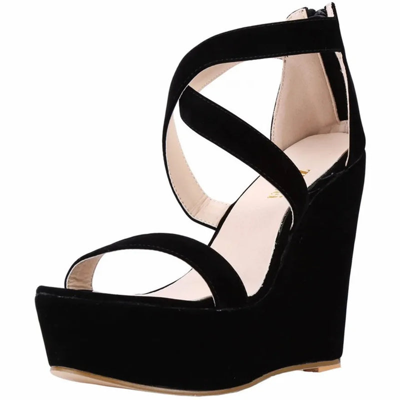 Fashion Platform Female Wedge Sandals 2025 Open Toe Back Zipper High Heels Shoes Hollow Flock Red Yellow Women Party Dress Pumps