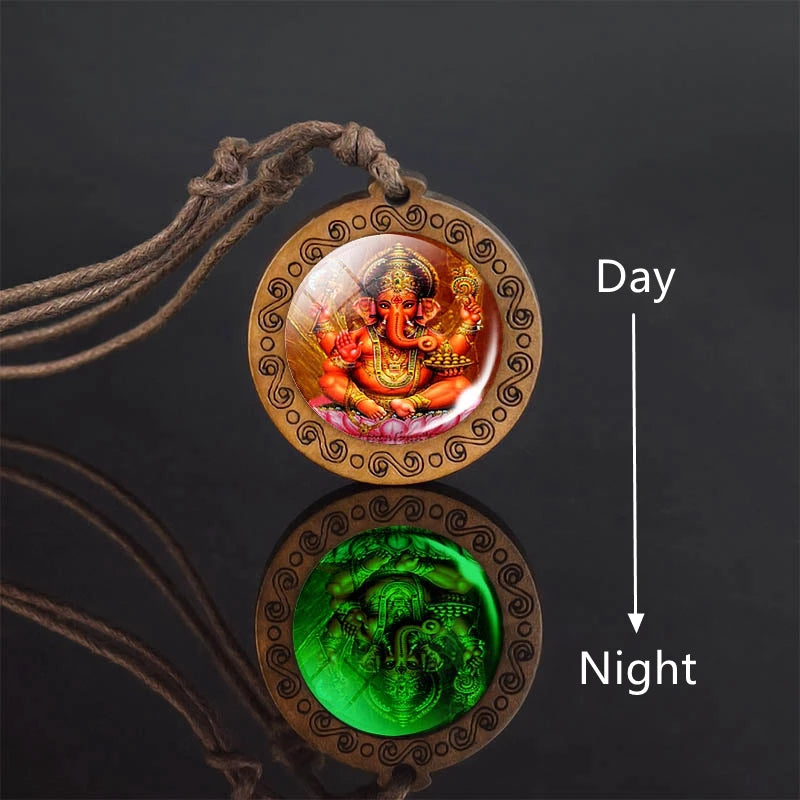 Glow In The Dark Buddha Necklace Indian Jewelry Hinduism God Brahma Vishnu Shiva Art Picture Wooden Pendant Necklace