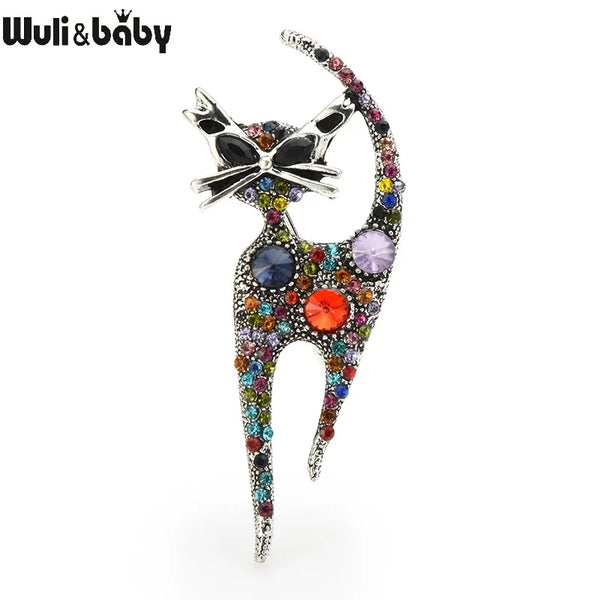 Wuli&baby Vintage Rhinstone Cat Brooches For Women Metal Multi-color Cat Animl Casual Party Brooch Pins Gifts