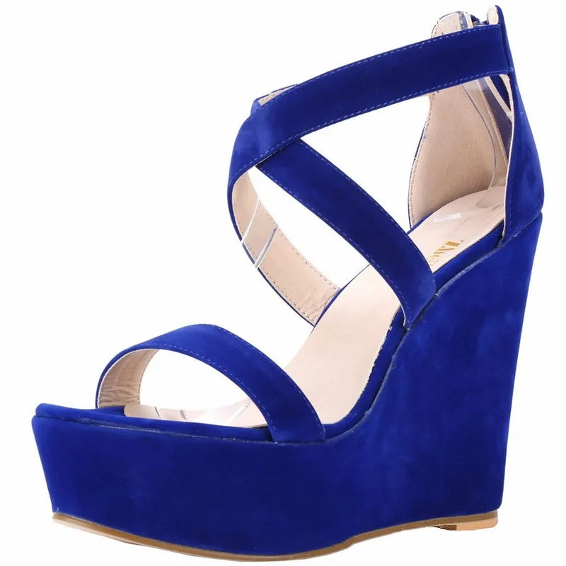 Fashion Platform Female Wedge Sandals 2025 Open Toe Back Zipper High Heels Shoes Hollow Flock Red Yellow Women Party Dress Pumps