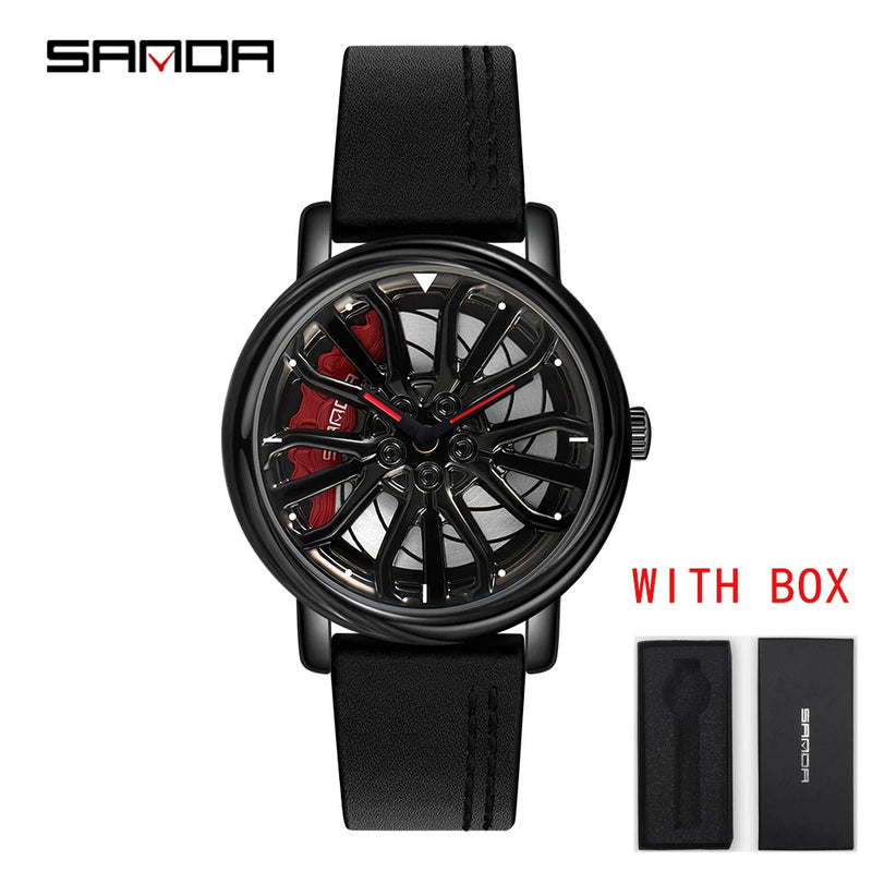 Hot Sell Fashion Men Quartz WristWatch Creative 360 Degree Rotating Car Wheel Quartz Watch Leather Waterproof Rim Hub Clock Men