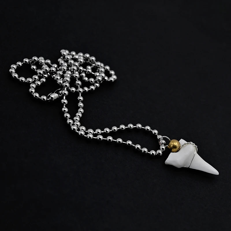 1PC Hawaii Surfer Jewelry Handmade Imitation Shark Teeth Pendant Stainless steel bead chain bone Choker WoMen's Men's Necklace