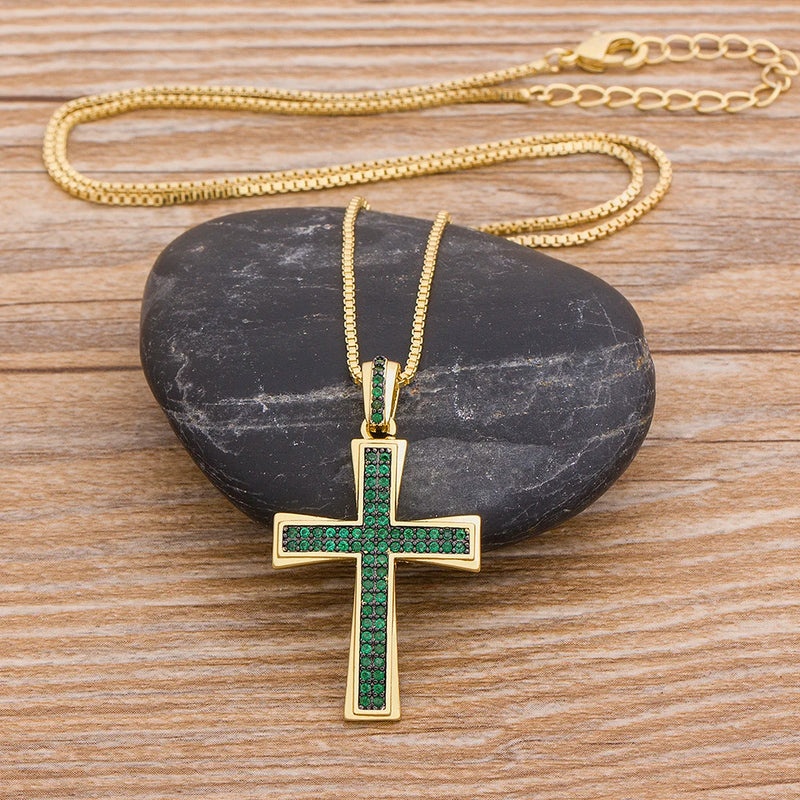 AIBEF New Cross Blue/Purple/Green/Gold Crystal Pendant Necklace Copper Cubic Zircon Choker 4 Colors Choice Religion Jewelry Gift