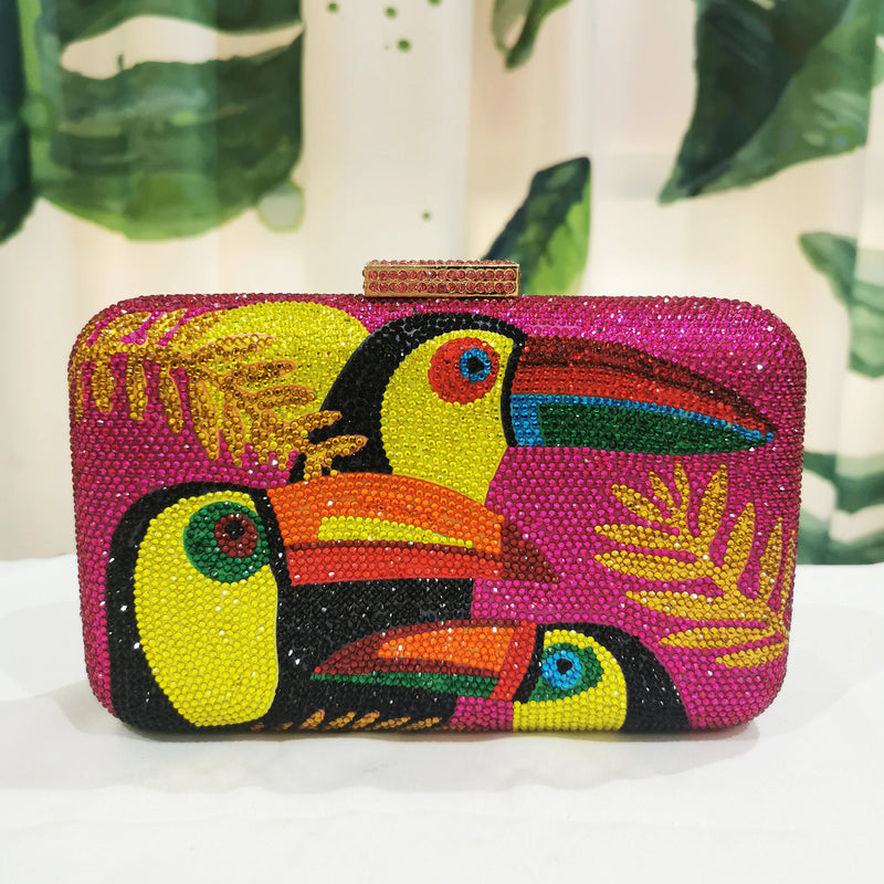 Novelty Toucan Bird Women Crystal Evening Bags Rhinestones Box Minaudiere Clutch Party Cocktail Handbag Purse