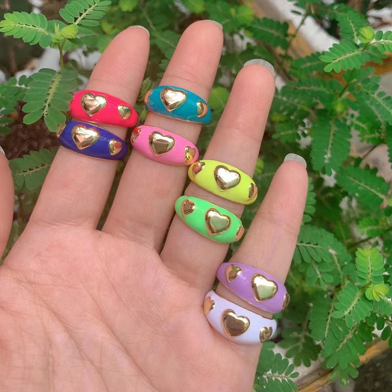 Heart Enamel Ring, Neon Pink Orange Turquoise Blue Pendant Oil Dropped, Sweet Romantic Party Jewelry Wholesale P33