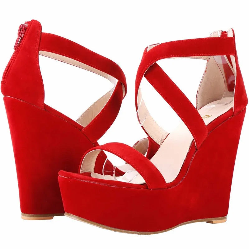 Fashion Platform Female Wedge Sandals 2025 Open Toe Back Zipper High Heels Shoes Hollow Flock Red Yellow Women Party Dress Pumps