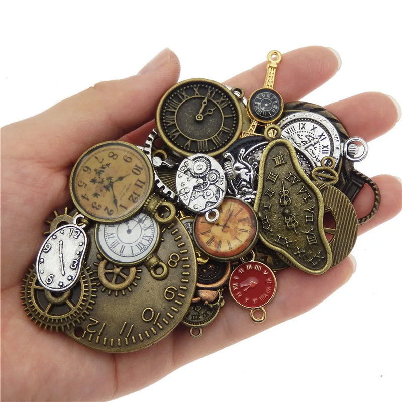 Julie Wang 20PCS Alloy Clock Watch Face Charm Steampunk Bracelet Necklace Pendant Bronze Silver Color Jewelry Making Accessory