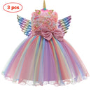 New 3pcs Baby Girls Dress Pastel Rainbow Princess For Summer Birthday Party Dress Unicorn Cosplay Perform Children Costume