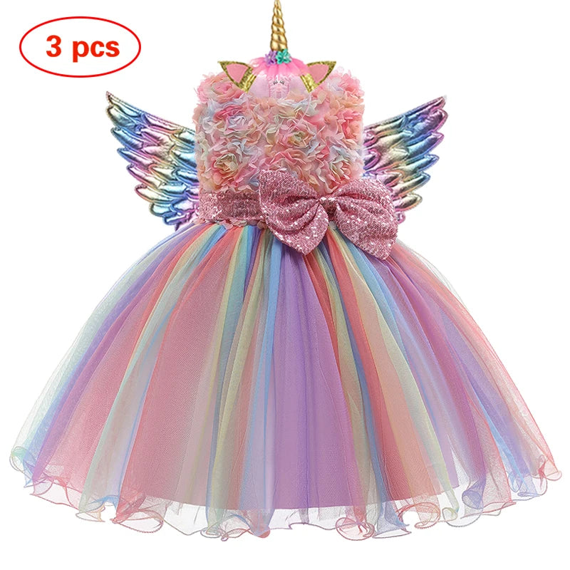 New 3pcs Baby Girls Dress Pastel Rainbow Princess For Summer Birthday Party Dress Unicorn Cosplay Perform Children Costume