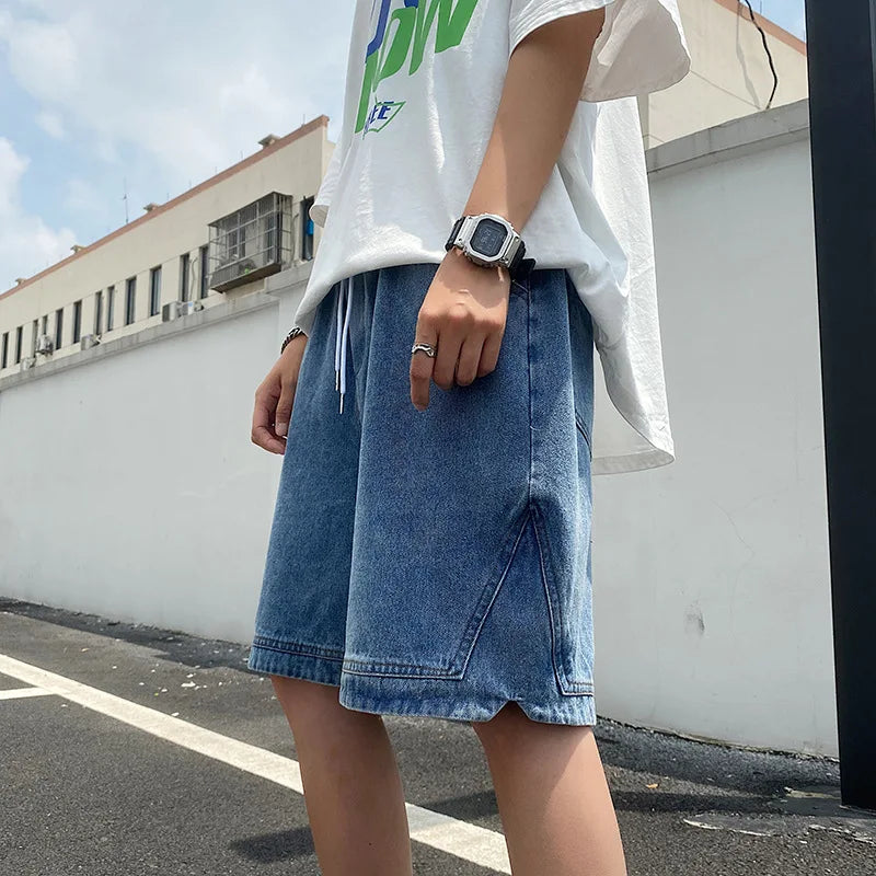 Retro Blue Denim Casual Shorts Men Summer Loose Harajuku Hip Hop Ins Fashion Baggy All-match Basic Designer Multi Pockets Teens