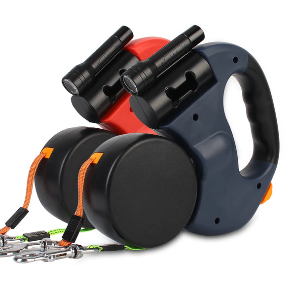 Auto Retractable Dual Dog Leash 3m With Flashlight Waste Bag Box Roulette Double-Ended Traction Rope Pet supplies