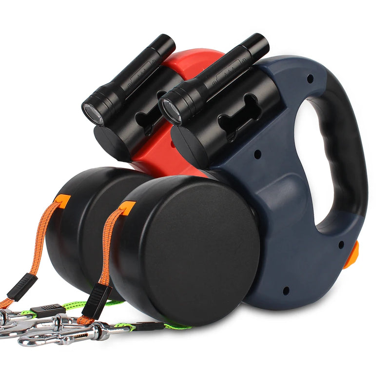 Auto Retractable Dual Dog Leash 3m With Flashlight Waste Bag Box Roulette Double-Ended Traction Rope Pet supplies