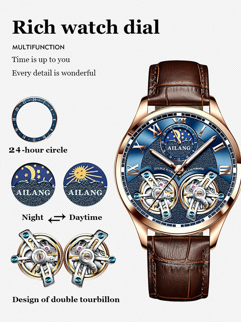 AILANG Original Design men's Double Flywheel Automatic Mechanical Watch Fashion Leisure Business Luxury Clock