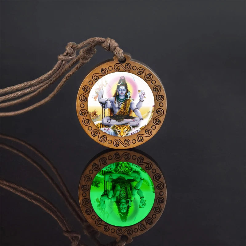 Glow In The Dark Buddha Necklace Indian Jewelry Hinduism God Brahma Vishnu Shiva Art Picture Wooden Pendant Necklace