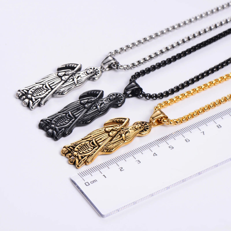 Hip Hop Vintage Golden Holy Saint Death Santa Muerte Skull Biker Pendant Necklace Stainless Steel Men Women Religious Jewelry