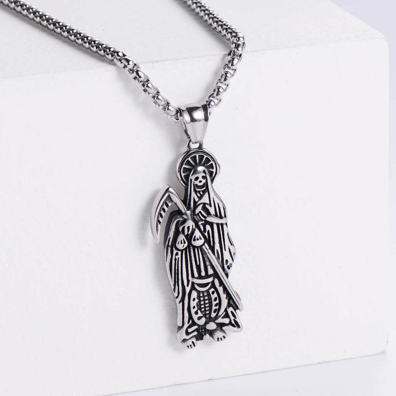 Hip Hop Vintage Golden Holy Saint Death Santa Muerte Skull Biker Pendant Necklace Stainless Steel Men Women Religious Jewelry