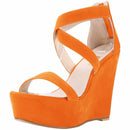 Fashion Platform Female Wedge Sandals 2025 Open Toe Back Zipper High Heels Shoes Hollow Flock Red Yellow Women Party Dress Pumps